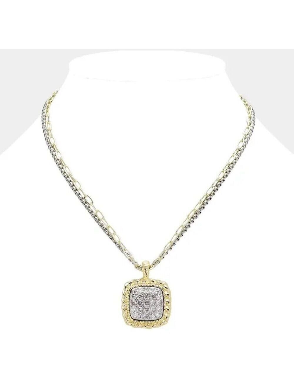 Stunning 14K Gold Plated CZ Stone Paved Square Pendant Necklace